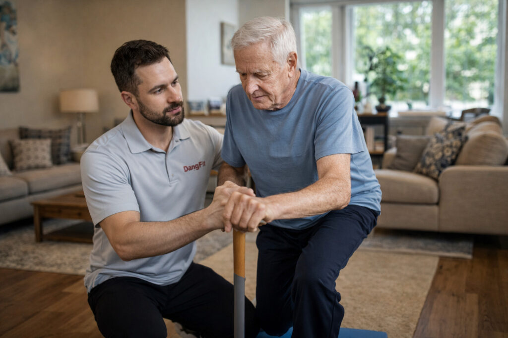 Personal trainer providing one-on-one in-home personal training for neurological conditions, assisting an older adult with balance and mobility exercises.